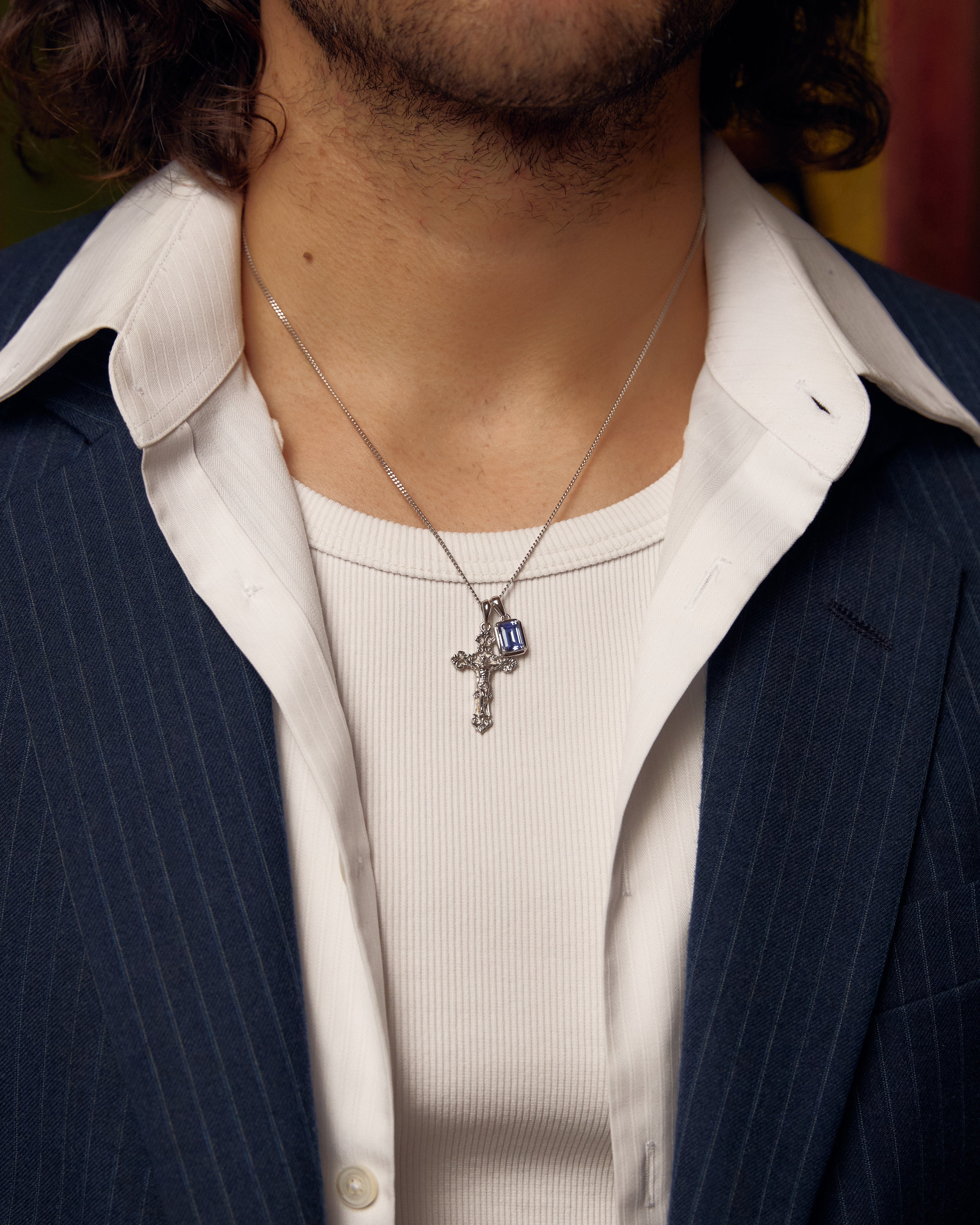 Motif crucifix x Sapphire sea stone stack - Silver (Pre order)