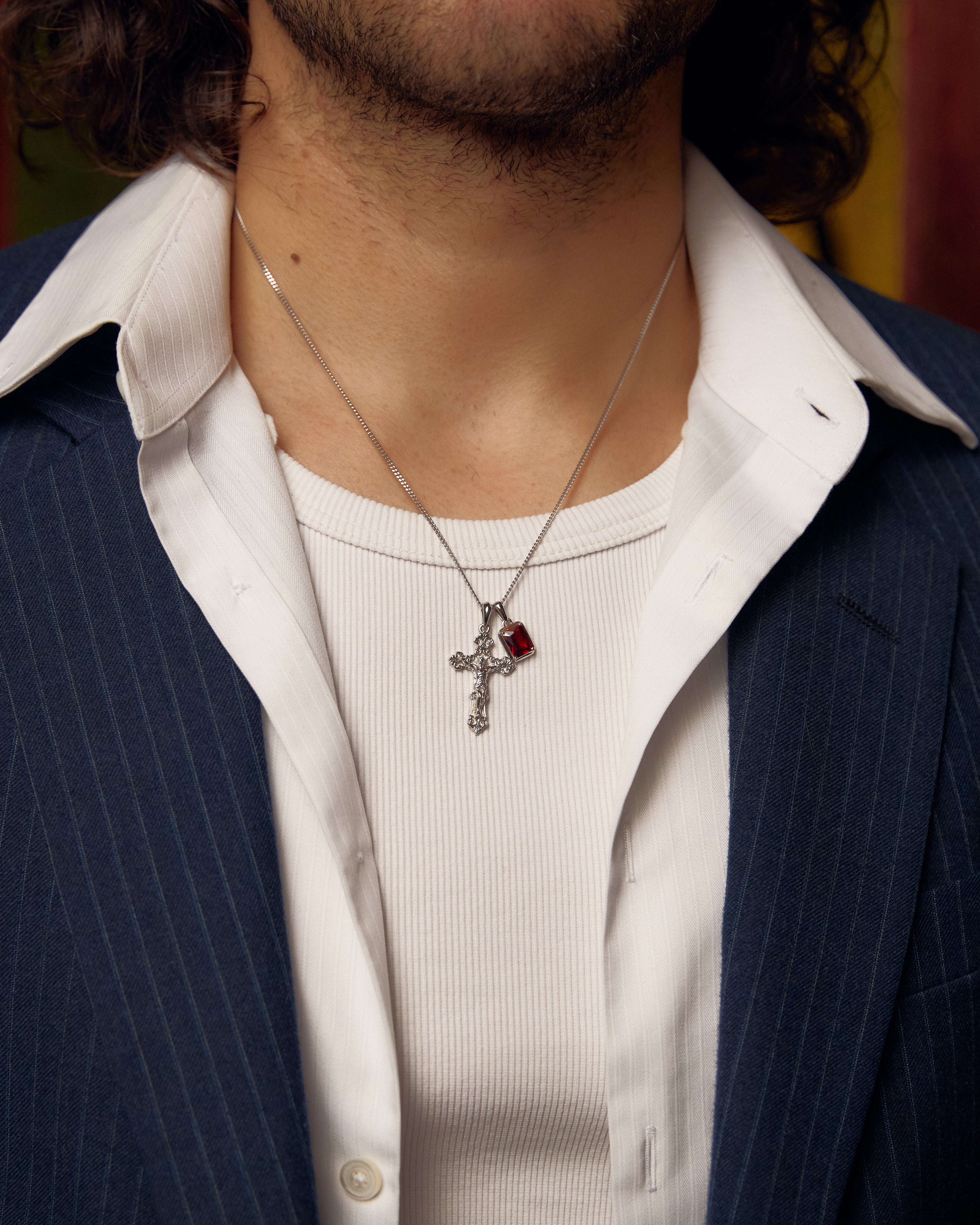 Motif crucifix x Lisbon red stone stack - Silver (Pre order)