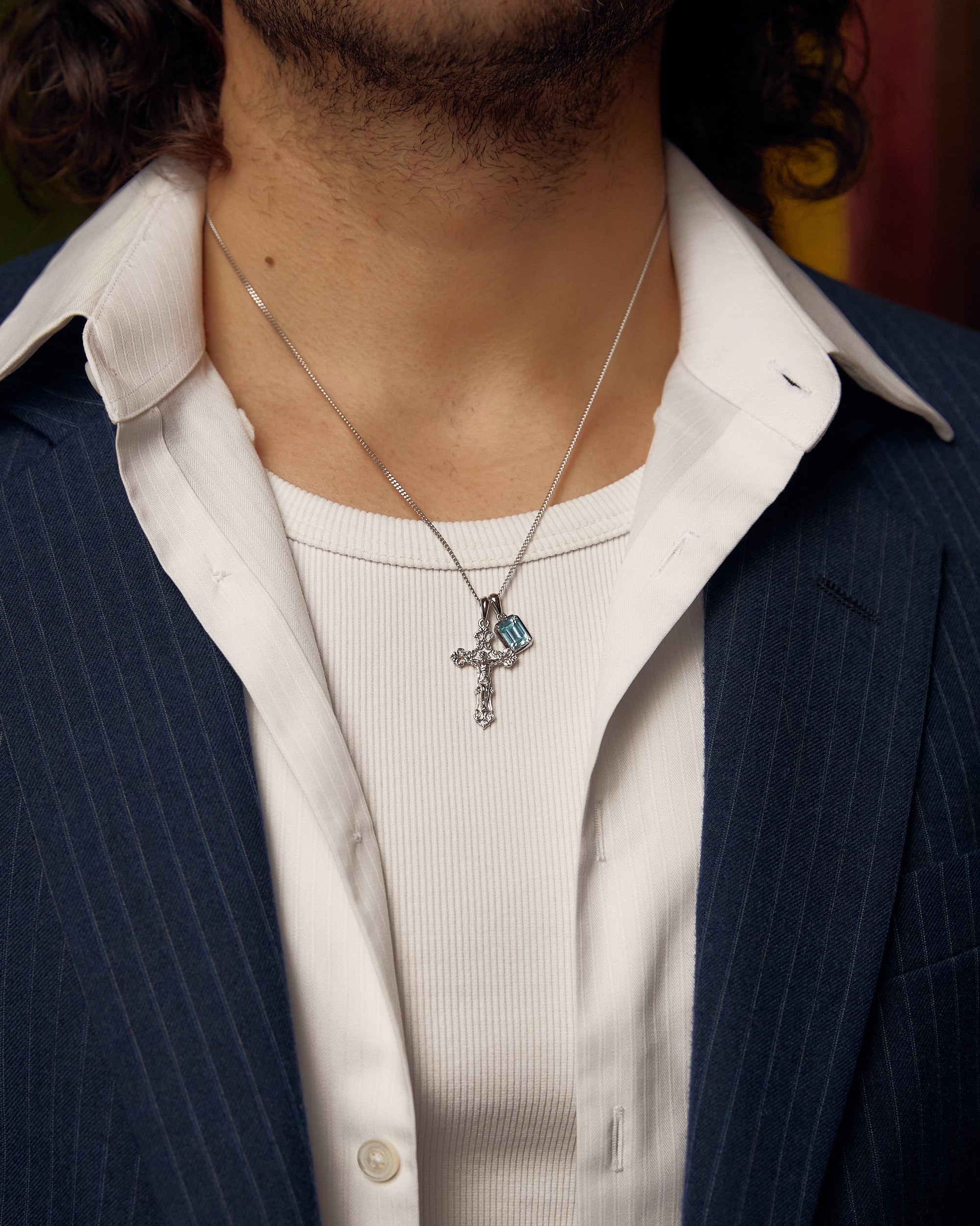 Motif crucifix x Aquamarine stone stack - Silver