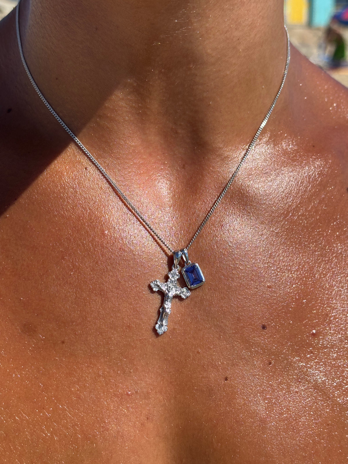 Motif crucifix x Sapphire stone stack - Silver