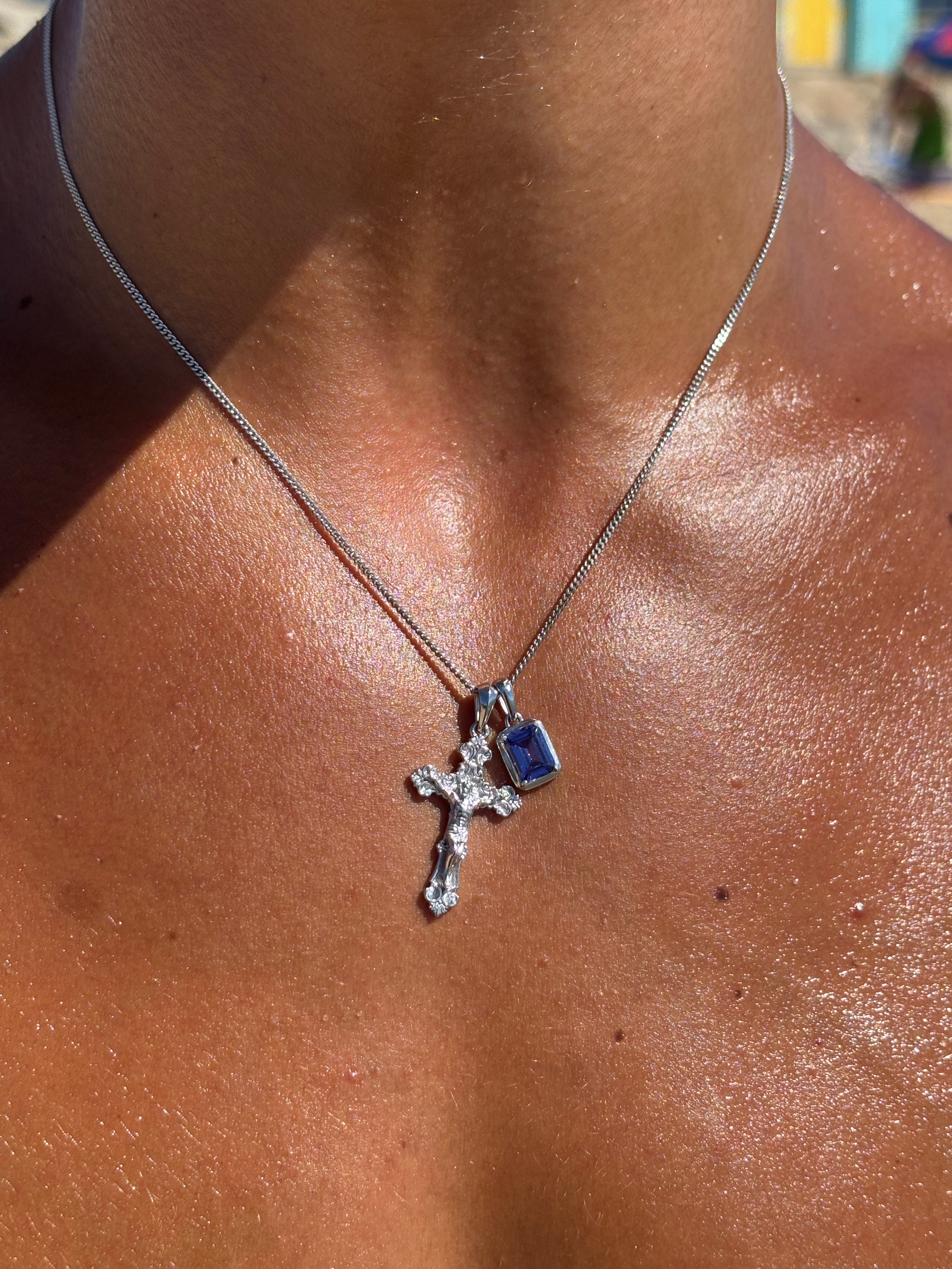 Motif crucifix x Sapphire sea stone stack - Silver (Pre order)