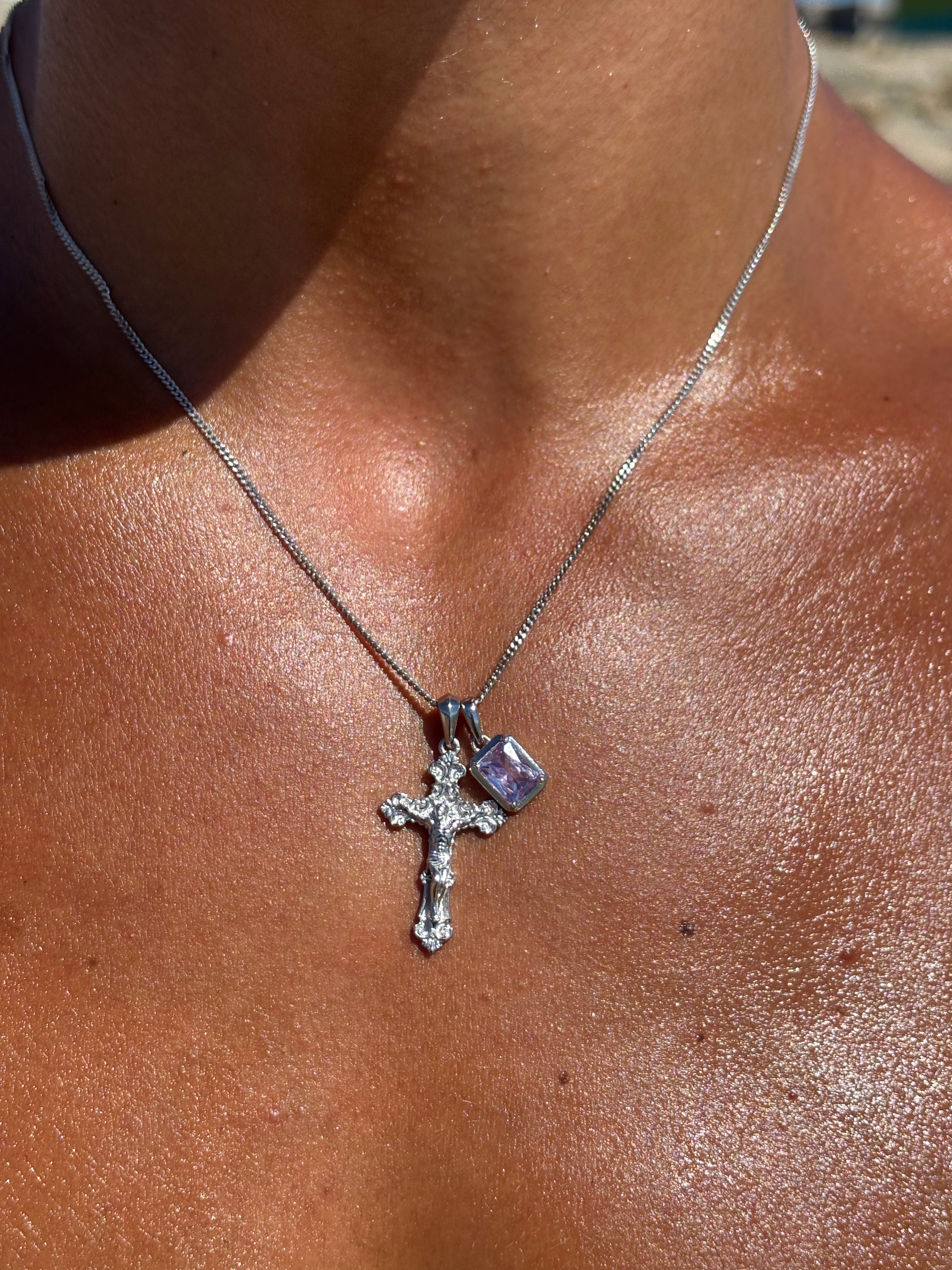 Motif crucifix x Lavender stone stack - Silver (Pre order)