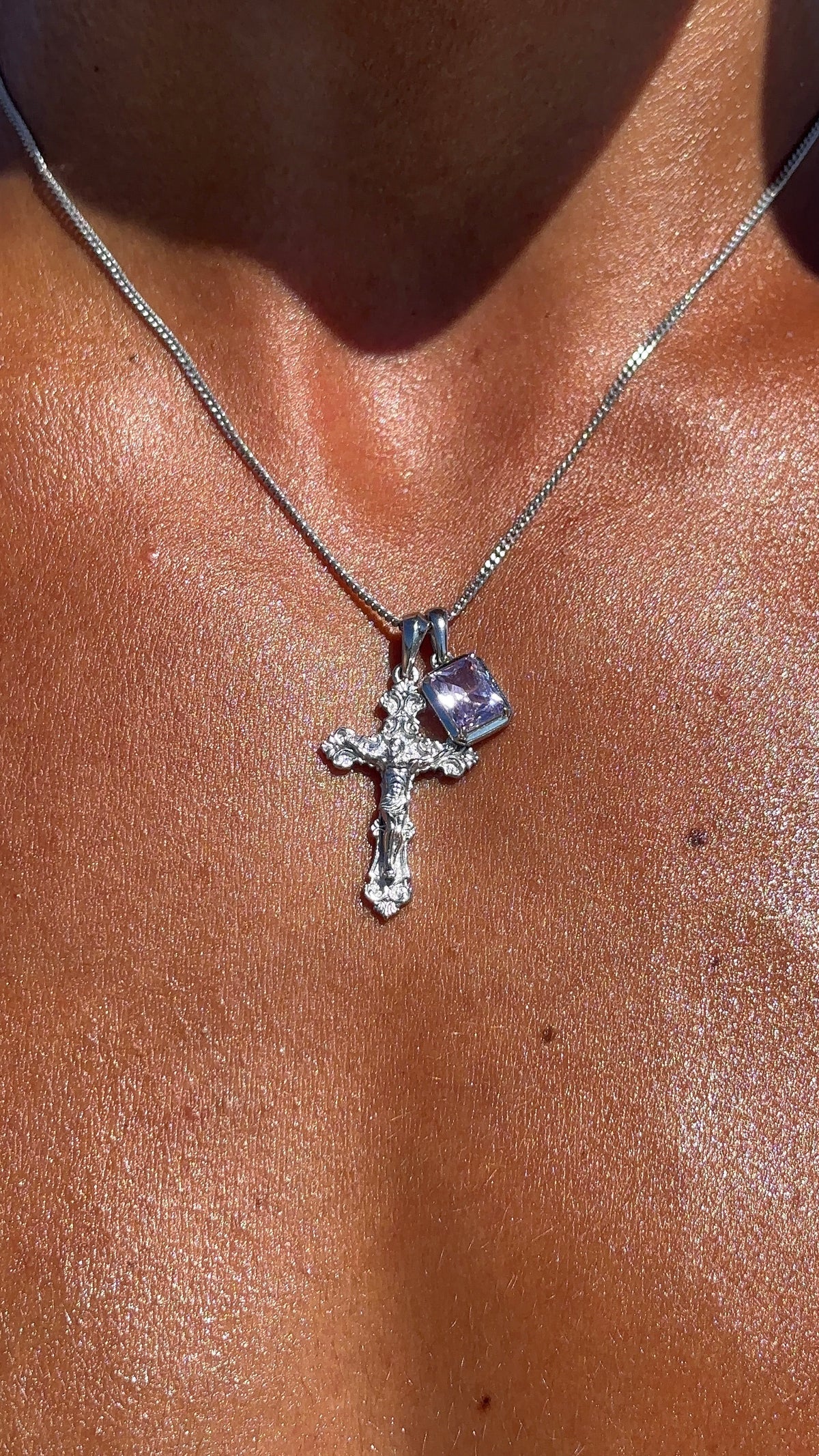 Motif crucifix x Lavender stone stack - Silver