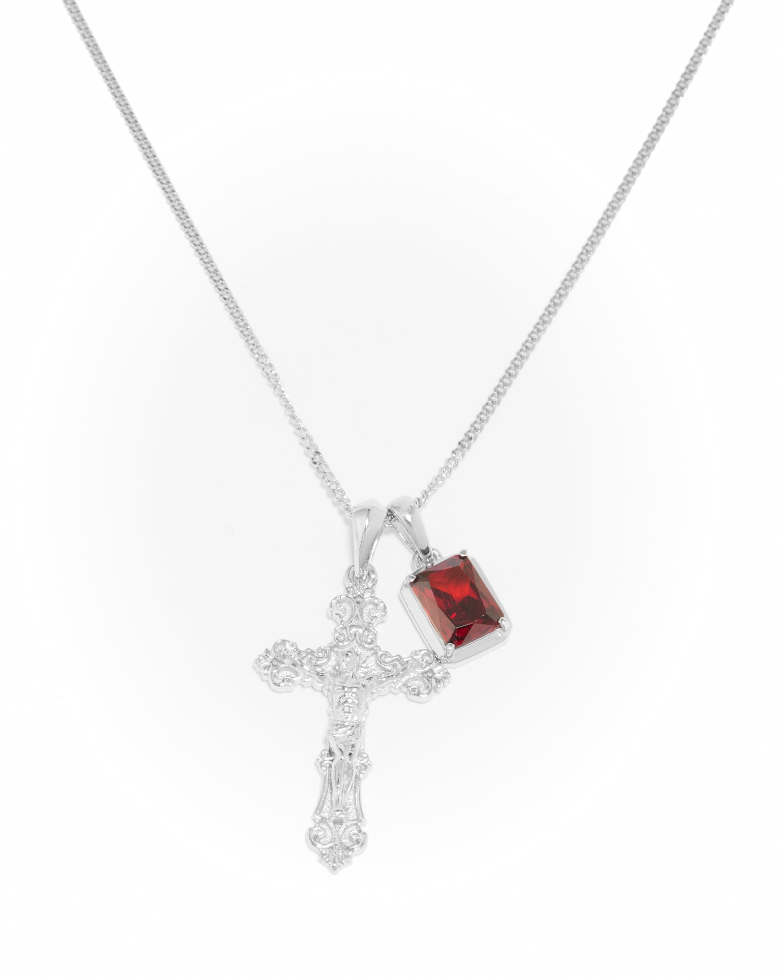 Motif crucifix x Lisbon red stone stack - Silver