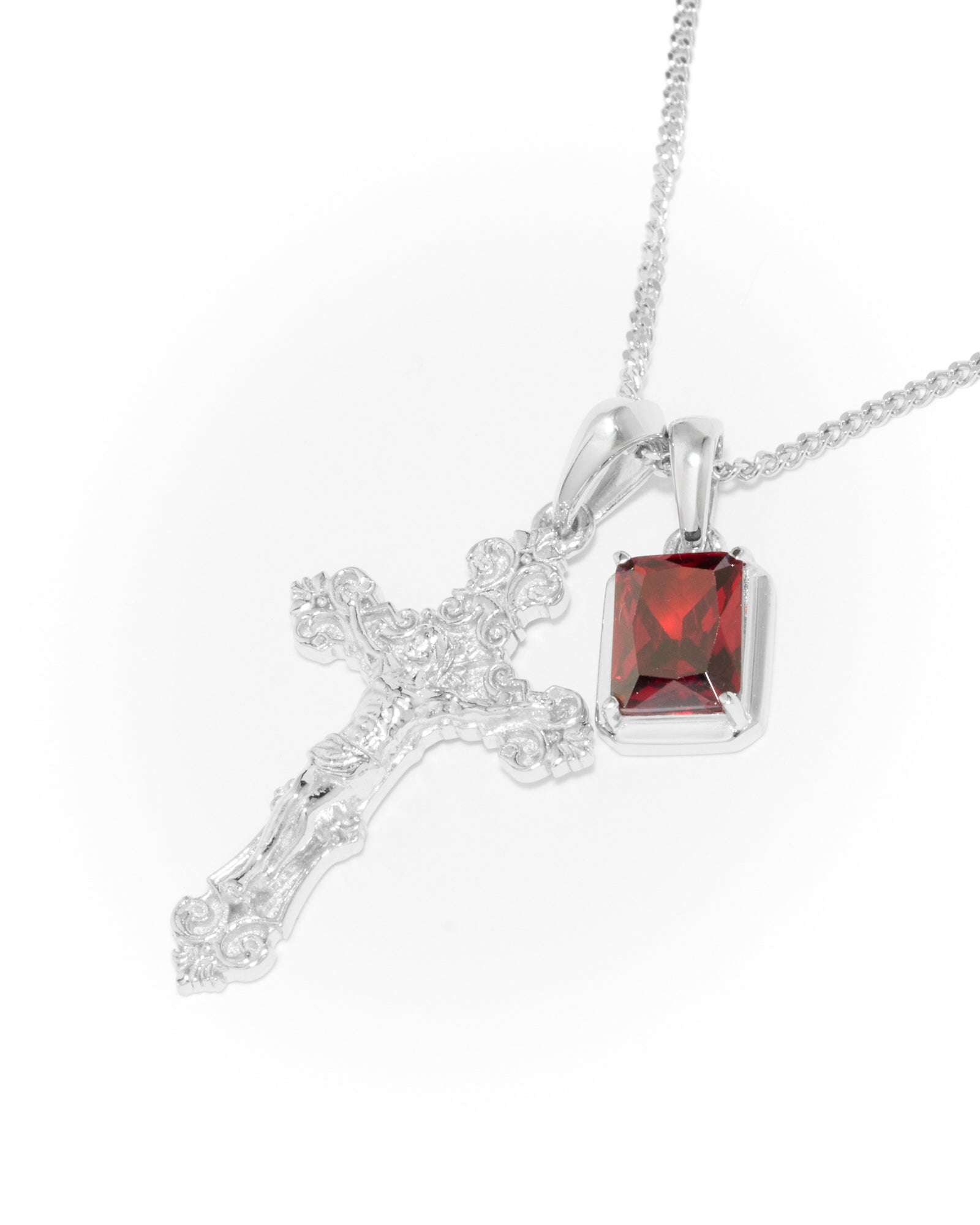Motif crucifix x Lisbon red stone stack - Silver (Pre order)